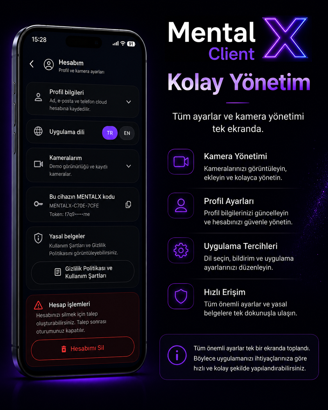 Mental X Client ayarlar ve yönetim görseli